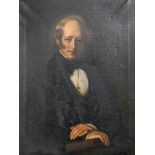 English School, 19th c - Portrait of a Gentleman, seated half length in a black coat, his hands