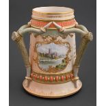 A Royal Worcester three handled loving cup, 1901, painted with a view of Worcester from across the