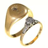 A diamond ring,  illusion set, gold hoop, marked 18ct PLAT, size J½ and an 18ct gold signet ring,