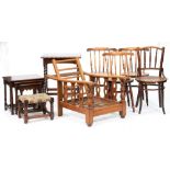 Three beech spindle back chairs, an adjustable oak armchair and miscellaneous furniture Condition