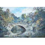 Keith Cresswell  (1940-1989)- Bridge at Calver,  signed, oil on panel, 33.5 x 49.5cm Good