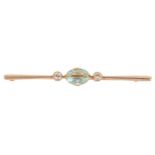 An aquamarine and diamond bar brooch, in gold, 66mm, marked PAT. APP. 4 and also with an inventory