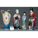 Two Japanese porcelain figures   early 20th c, 25 and 27.5cm h, a Noritake blue ground ewer