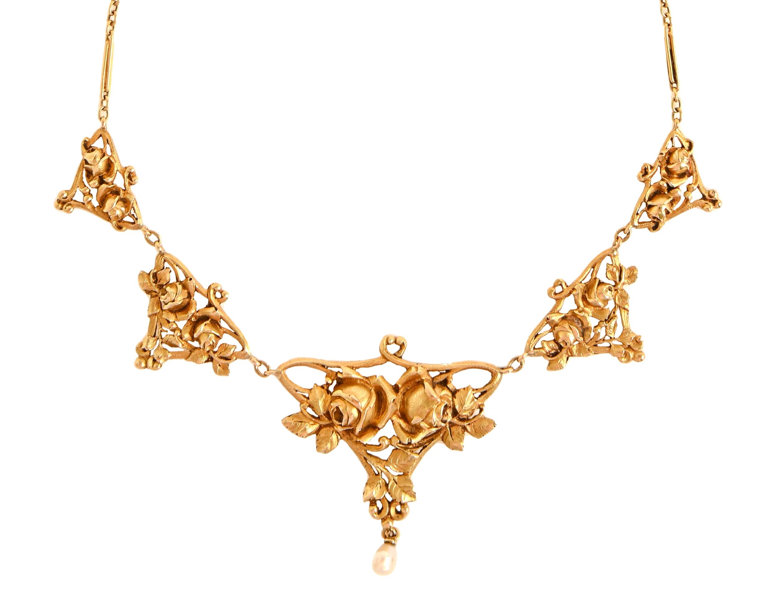 A French Art Nouveau gold necklace, c1900,  the five cast openwork rose filled links graduated