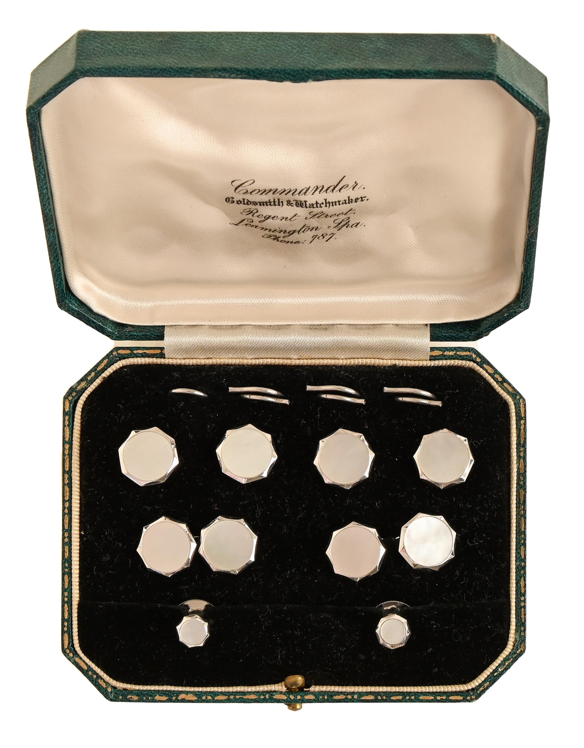 A mother of pearl and white gold dress set, second quarter 20th c, comprising pair of cufflinks