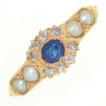 A Victorian sapphire and diamond cluster ring, with split pearl shoulders, in 18ct gold,