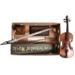 A German violin, early 20th c, length of back 37cm, two violin bows, a white painted baton with