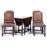 A set of four oak dining chairs, c1930, with padded hide back on barley corn legs, with moulded
