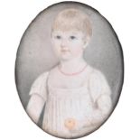 English School, early 19th c - Portrait Miniature of a Child, in white gown and coral beads