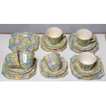 A Grimwade's Royal Winton Somerset chintz tea service, 1930's, the shaped square plates 16 and 18cm,