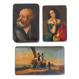 Three  papier-mache snuff boxes, mid 19th c, the lid painted with a lady in a blue dress, study of a