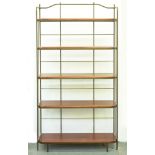 A metal framed and stained wood five shelf open bookcase, recent manufacture, 182cm h; 23 x 94cm