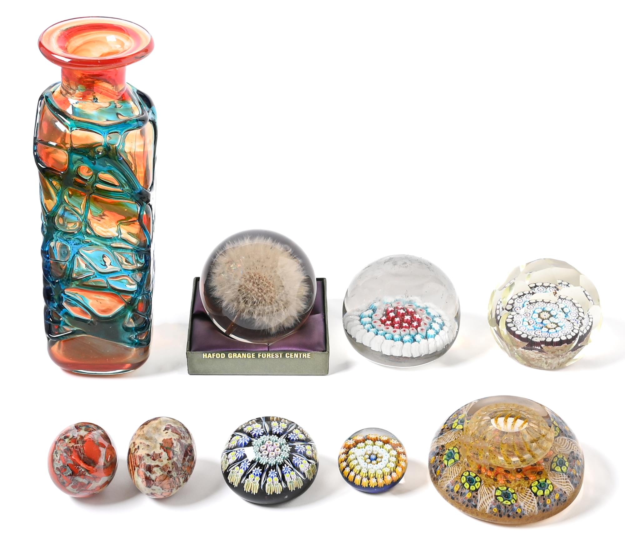 Four Caithness and other glass millefiori paperweights, a 1970's trailed glass vase, etc As a lot in