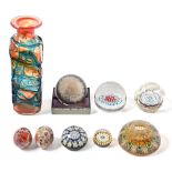 Four Caithness and other glass millefiori paperweights, a 1970's trailed glass vase, etc As a lot in