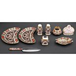 Ten Royal Crown Derby Imari wares, comprising pair of crescent dishes, porcelain hafted serving