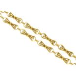 A gold necklace,  20th c, of bow shaped links, 38.5cm l, apparently unmarked, 27.7g Solder repair to