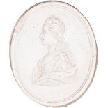An oval plaster bas relief portrait medallion of Queen Charlotte, after the wax portrait by Isaac