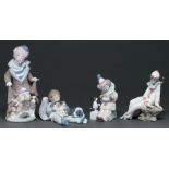 Two Lladro figures of clowns and another of a sleeping boy, various sizes, printed marks and a Nao