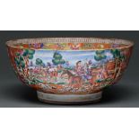 A Chinese export porcelain European Subject punch bowl, c1780, painted in brilliant enamels with