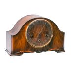 A walnut mantel clock, mid 20th c, the Smiths movement chiming on rod gongs, 14cm h Good condition