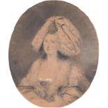 British School - Portrait of a Lady, seated half length, watercolour, oval, 21.5 x 18cm, laid down
