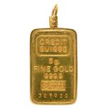 Fine gold. Bar, 5g by Credit Suisse, No 307030, mounted in a gold pendant marked 14k 585, 5.9g