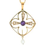 An amethyst, cultured pearl and split pearl openwork pendant, early 20th c, in gold, 38mm, on gold