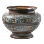 A Chinese bronze and champleve enamel jardiniere, c1900, decorated with taotie in two bands on a