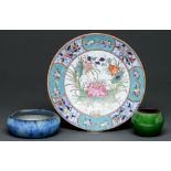 A Chinese green crackle glazed water pot, 62mm h, a famille rose style dish and a stoneware bowl (3)