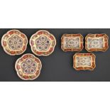 Two sets of three Royal Crown Derby sweetmeat dishes, 1975 and circa, 95mm l or 11.5cm diam, printed