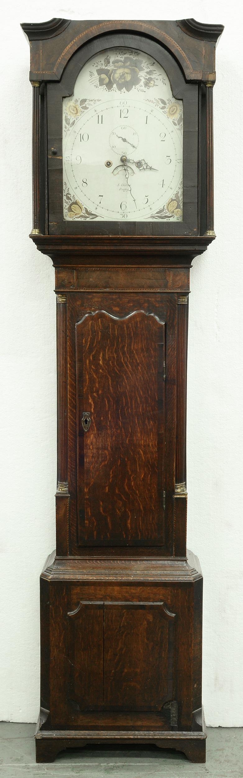 A George III eight day mahogany-stained oak longcase clock, S Dalton Rugby, the painted dial with