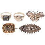 A giltmetal mourning brooch, a silver ELIZA name brooch, two silver signet rings and a butterfly