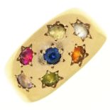 A multi gem star set   ring,  in gold, apparently unmarked, 3g, size I Worn