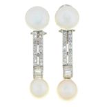 A pair of diamond and cultured pearl earrings, the button and drop shaped cultured pearls divided by
