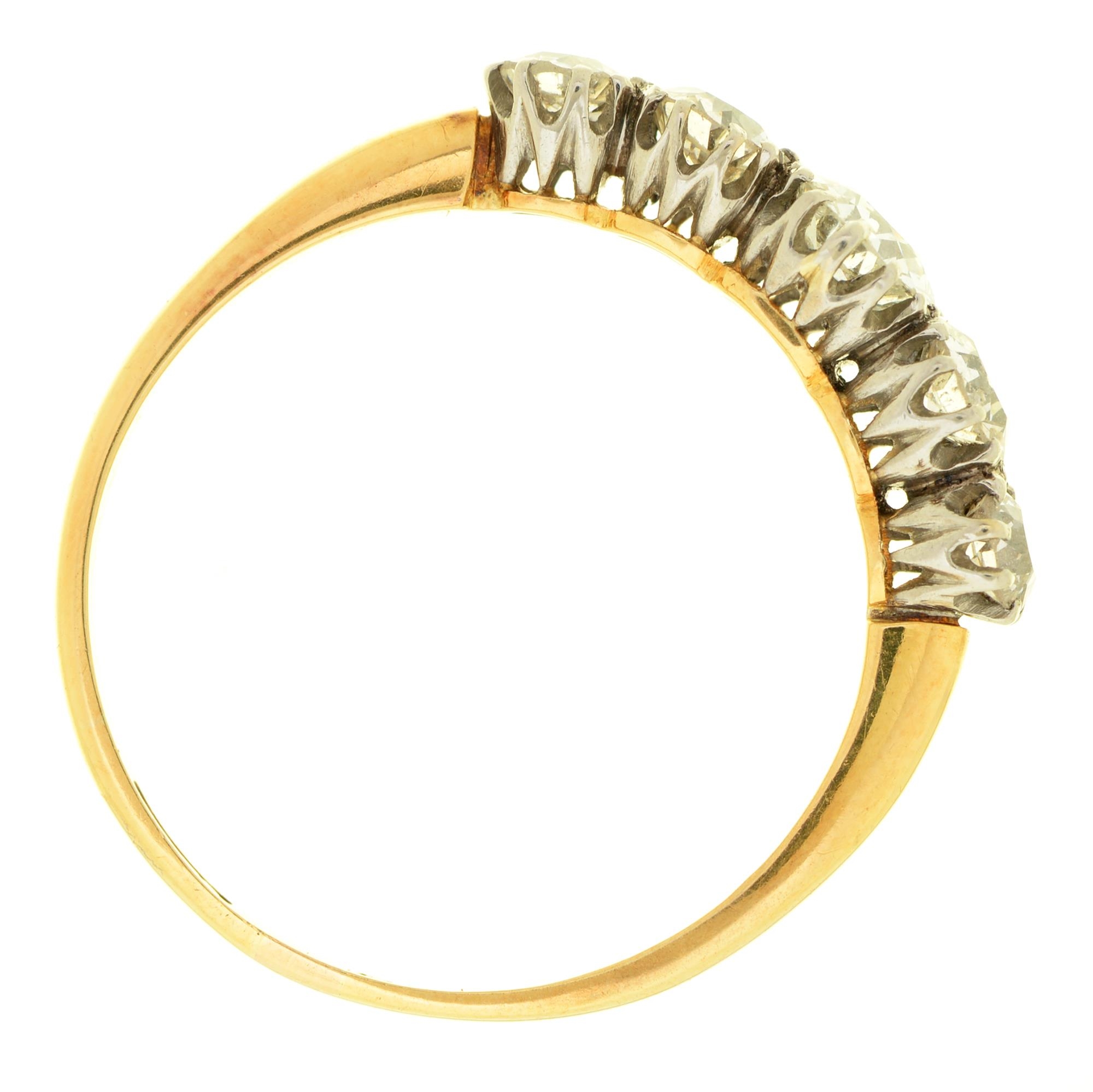 A five stone diamond ring, early 20th c, with old cut diamonds, gold hoop marked 18ct and engraved - Image 2 of 2