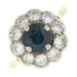 A sapphire and diamond cluster ring, early 20th c, in platinum, unmarked, 3g, size I½ Slight wear to