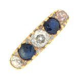 A sapphire and  diamond five stone ring,  with old cut diamonds, in gold marked 18, other marks