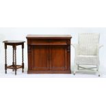 A Victorian mahogany chiffonier, 100cm l, an oak occasional table and a wicker armchair, later