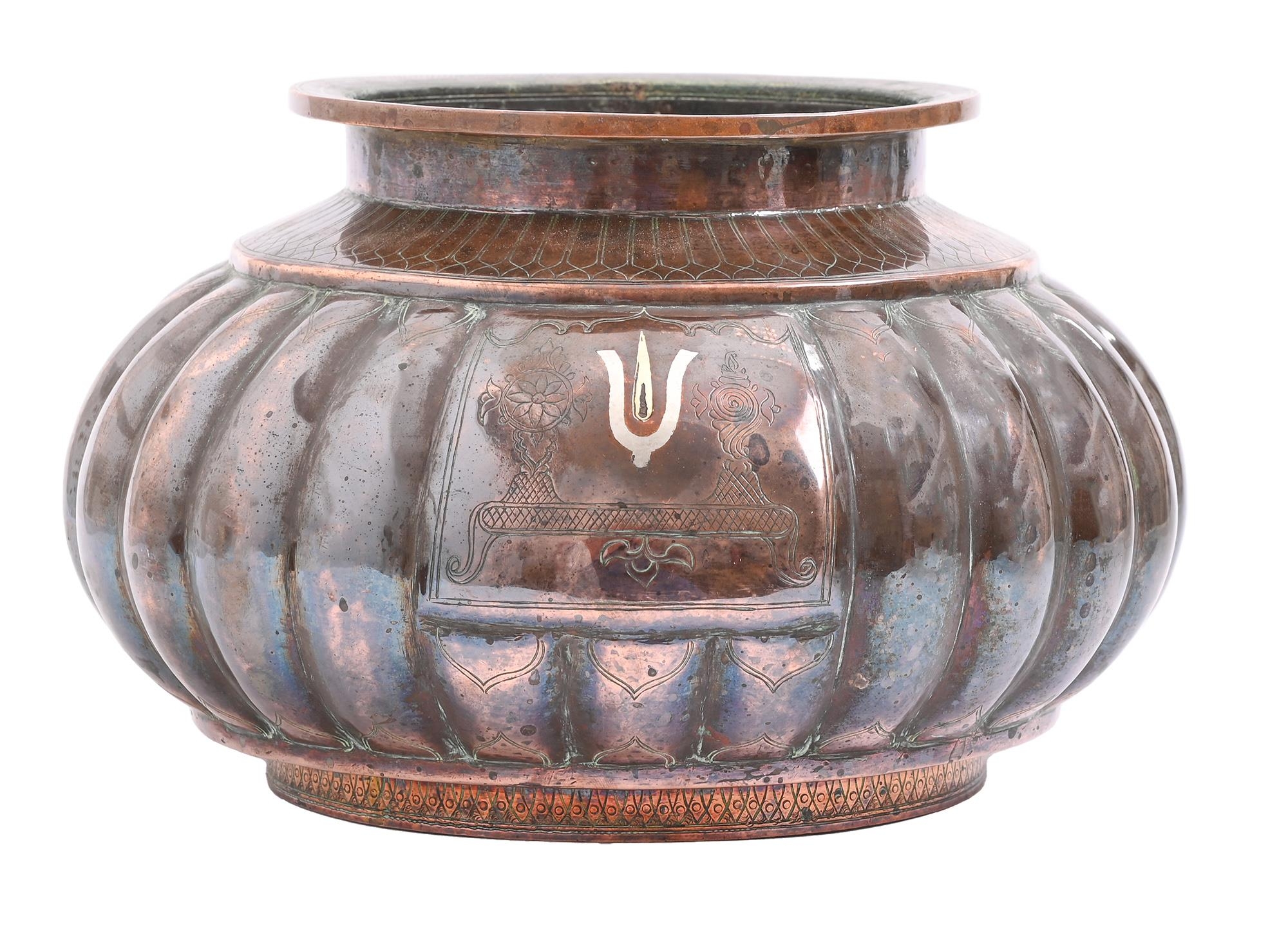 An Indian inlaid and engraved copper vessel, Lota, early 20th c, of compressed, lobed form with