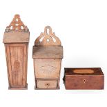 Two English mahogany and inlaid wall hanging candle boxes, first half 19th c, with fretted wall