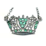 An emerald and diamond naval crown pendant, c1930, in white gold, 25mm l, marked 9ct PLAT, on