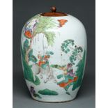 A Chinese porcelain oviform jar, late 19th / 20th c, enamelled with a boy on a buffalo and other