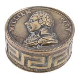 William Pitt the Younger. A commemorative stamped brass snuff box and cover, early 19th c, the sides