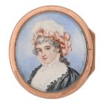 A gold mounted agate boite a miniature , late 19th c, with portrait miniature of a lady in a pink