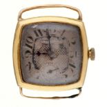 An 18ct gold cushion shaped gentleman's wristwatch, Dreadnought movement, wire lugs, 25 x 25mm,