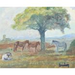 Ronald Ossory Dunlop RA (1894-1973) - Four Horses beneath a Tree, signed, oil on board, 21.5 x 26.