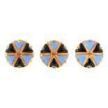 A set of three Victorian gold and black and lavender blue enamel dress studs, 10mm, shaped maroon