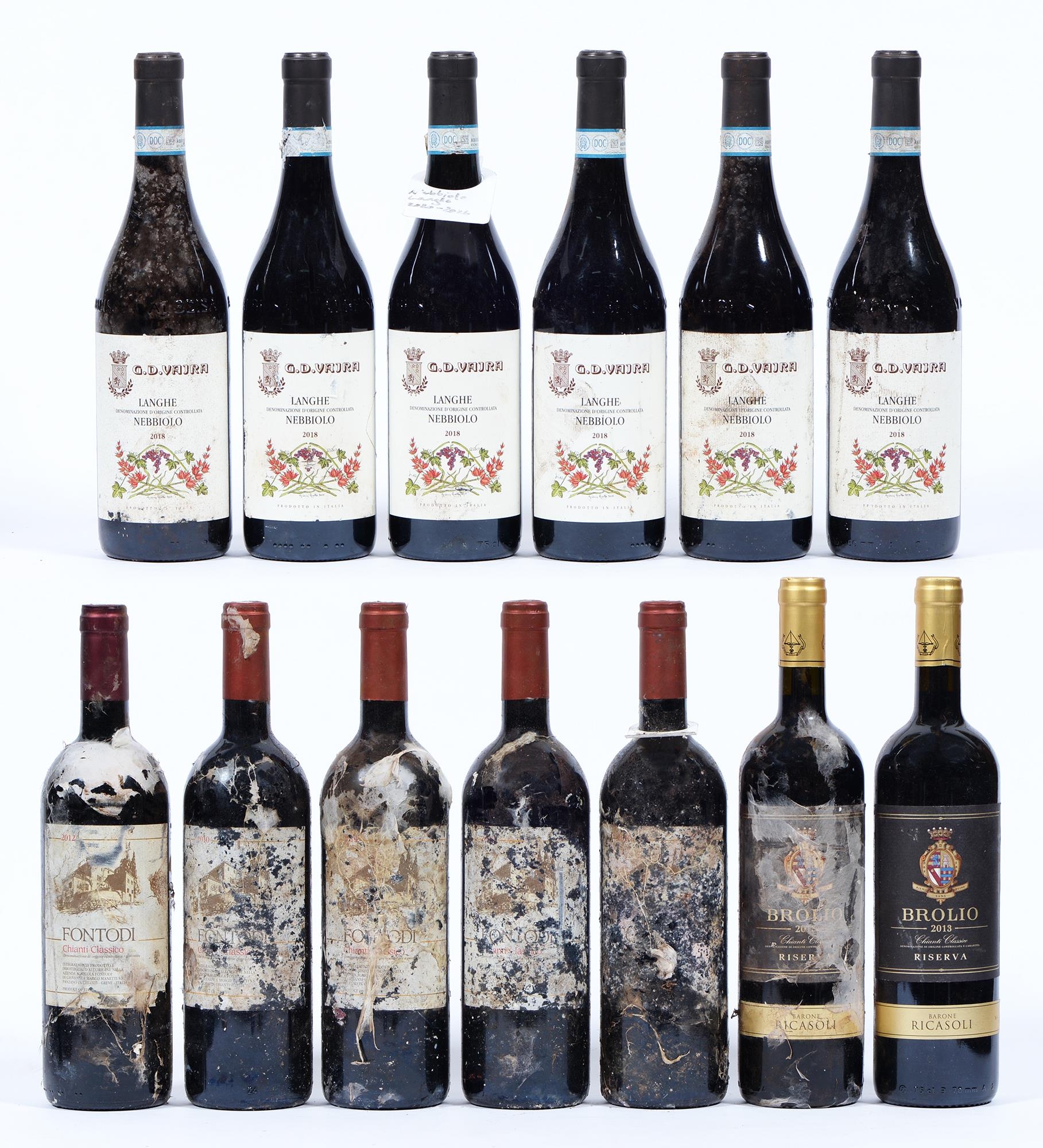 G D Vajra Langhe Nebbiolo, 2018, six bottles, Fontodi Chianti Classico, 2012, five bottles, Brolio