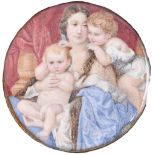 English School, mid 19th c- Portrait Miniature of a Young Woman and Two Children, before red