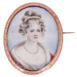 English School, early 19th c - Portrait Miniature of a Lady, in red coat with fur collar and pearls,